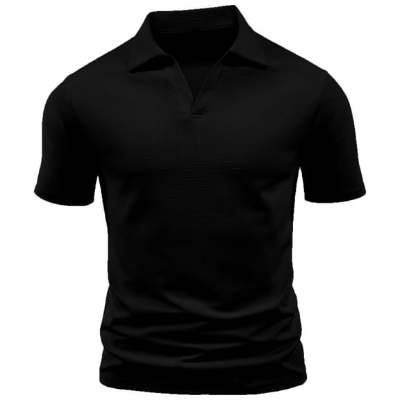 Qgtaibl Waffle Short Sleeve T Shirt for Men Collared V-Neck Pullover Tee Solid Color Summer Slim Fit Workout Shirts Black,S