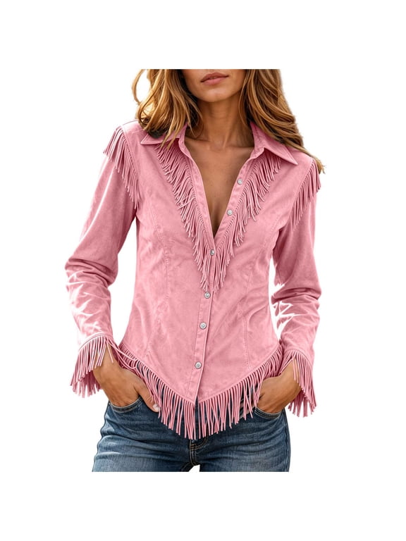 Western Fringe Long Sleeve Shirts for Women Lapel Button Down Suede Tassel Top Cowgirl Country Blouse Pink M
