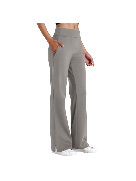 High Waisted Yoga Flare Pants for Women Split Hem Slim Fit Jogger Pants with Pockets Stretch Smooth Dress Bootcut Trousers for Work Business Office Dark Gray L