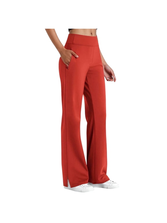 Wide Leg Work Pants for Women Elastic High Waist Split Hem Solid Color Dress Trousers Lightweight Breathable Business Slacks with Pockets Red M