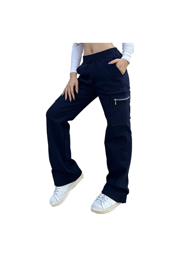 Women Cargo Pants Elastic High Waist Lounge Pants with Zipper Pockets Summer Loose Fit Straight Leg Chino Trousers for Work & Streetwear Dark Blue XL