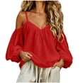 thumbnail image 1 of Qgtaibl Women Cold Shoulder Shirts Fashion Spaghetti Strap V Neck Puff Long Sleeve Blouses Flowy Lightweight Casual Vacation Tops Red L, 1 of 7