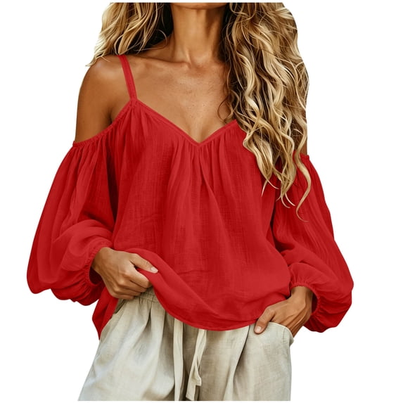Qgtaibl Women Cold Shoulder Shirts Fashion Spaghetti Strap V Neck Puff Long Sleeve Blouses Flowy Lightweight Casual Vacation Tops Red L