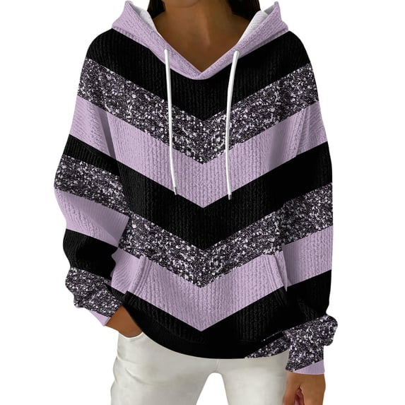 Qgtaibl Women Color Block Hoodies Drawstring V Neck Long Sleeve Tops with Pocket Sparkle Pattern Fashion Pullover Sweatshirts Purple M