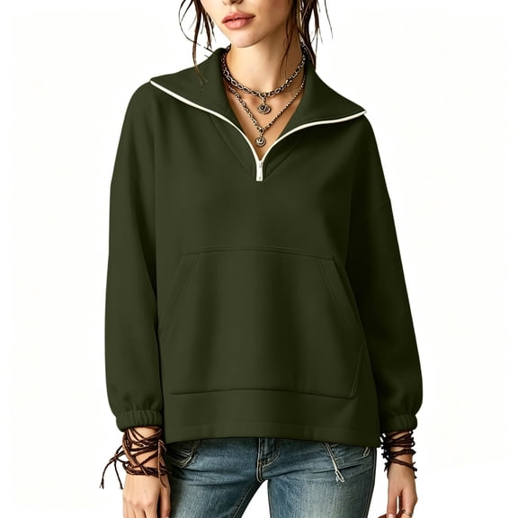 Qgtaibl Women Cropped Quarter Zip Sweatshirts Kangaroo Pocket Long Sleeve Casual Pullover Tops Soft Lightweight Streetwear Sweatshirt Army Green XL