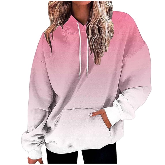 Qgtaibl Women Fall Hooded Sweatshirts Gradient Color Oversized Long Sleeve Hoodies Drawstring Kangaroo Pocket Casual Pullover Tops Pink XXL
