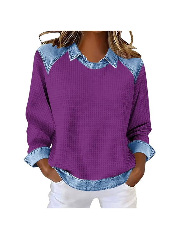 Women Long Sleeve Blouses Waffle Knit Loose Fit Tunic Tops Lapel Denim Patchwork Shirts for Fall Going Out Dark Blue XXXL
