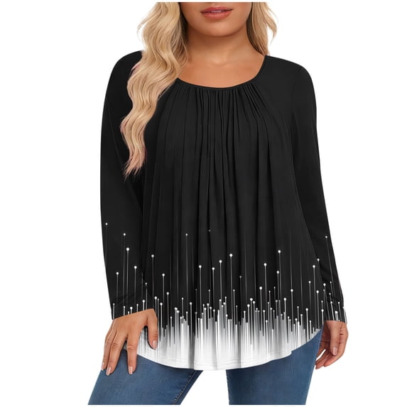 Qgtaibl Women Long Sleeve Pleated Tunic Tops Crew Neck Flower Print Casual Blouses Plus Size Loose Fit Boho Shirts for Vacation Outfits Black XXXL