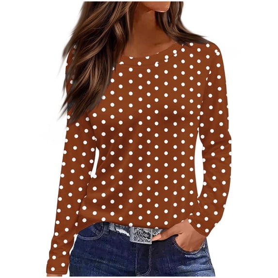 Qgtaibl Women Long Sleeve Tops Comfortable Polka Dot Crewneck Blouses Loose Fit Fashion Shirts for Office And Travel Zd_Brown S