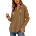 thumbnail image 1 of Qgtaibl Women Loose Fit Hooded Sweatshirts Drawstring Hood Drop Shoulder Long Sleeve Shirts Thin Fleece Thermal Fall Pullover Tunics Coffee L, 1 of 9