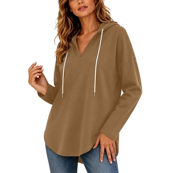 Qgtaibl Women Loose Fit Hooded Sweatshirts Drawstring Hood Drop Shoulder Long Sleeve Shirts Thin Fleece Thermal Fall Pullover Tunics Coffee L