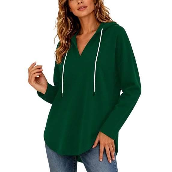 Qgtaibl Women Loose Fit Hooded Sweatshirts Drawstring Hood Drop Shoulder Long Sleeve Shirts Thin Fleece Thermal Fall Pullover Tunics Green L