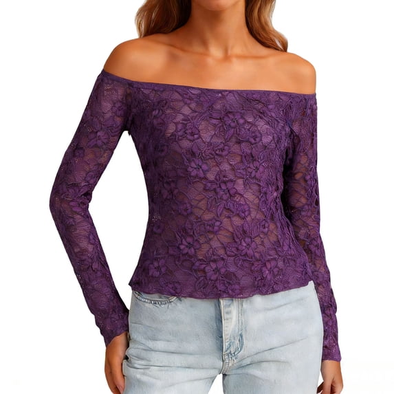 Qgtaibl Women Off Shoulder Lace Long Sleeve Tops Floral Sheer Mesh Slim Fit Cropped Going Out Party Blouses Purple M