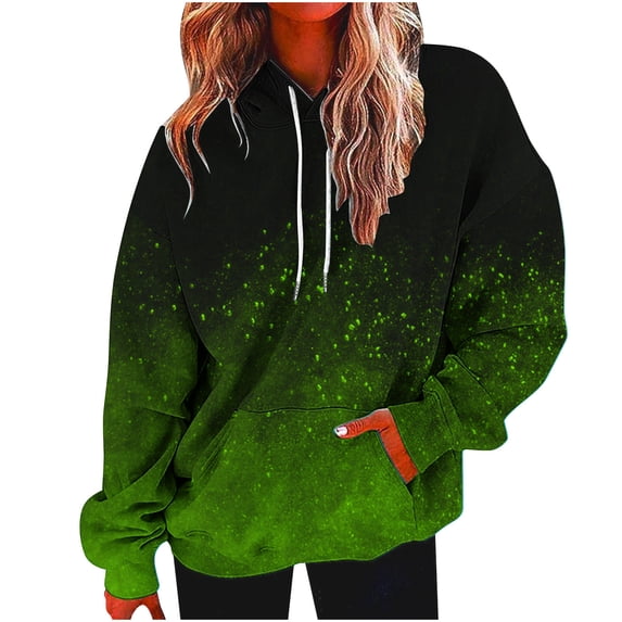 Qgtaibl Women Pullover Hoodies Gradient Sparkle Print Hooded Tops with Pocket Loose Fit Casual Long Sleeve Sweatshirts Green S