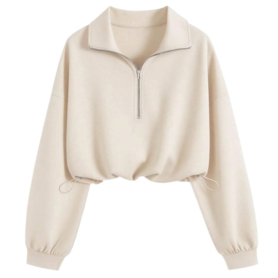 Qgtaibl Women Quarter Zip Cropped Sweatshirts Drawstring Hem Lapel Workout Shirt Lantern Long Sleeve Loose Fit Casual Pullover Tops Beige M