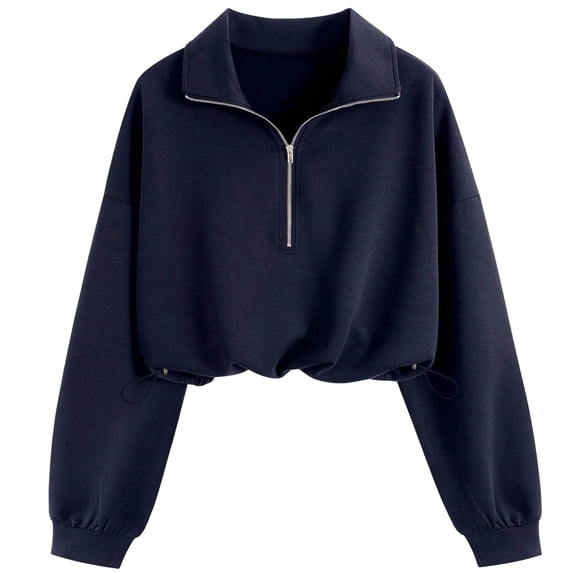 Qgtaibl Women Quarter Zip Cropped Sweatshirts Drawstring Hem Lapel Workout Shirt Lantern Long Sleeve Loose Fit Casual Pullover Tops Navy XL