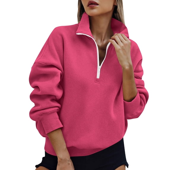 Qgtaibl Women Quarter Zip Pullover Sweatshirts Stand Collar Drop Shoulder Long Sleeve Casual Tops Solid Color Loose Fit Fall Fleece Sweatshirt Hot Pink S