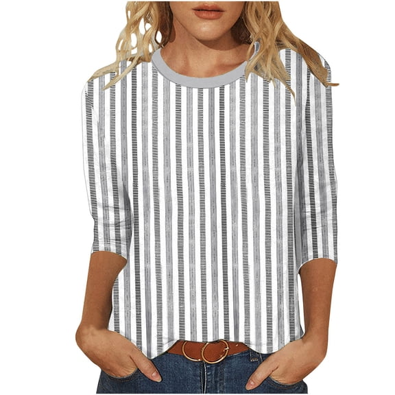 Qgtaibl Women's 3/4 Length Sleeve Striped Tops Casual Crew Neck Plus Size Tunic Blouses Summer Loose Fit Breathable Pullover Shirts Gray M