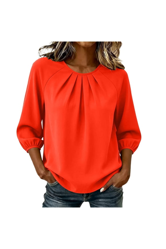 Women's 3/4 Sleeve Pleated Blouse Crew Neck Raglan Puff Cuff Tunic Tops Casual Loose Fit Solid Color Shirts for Office School Orange M