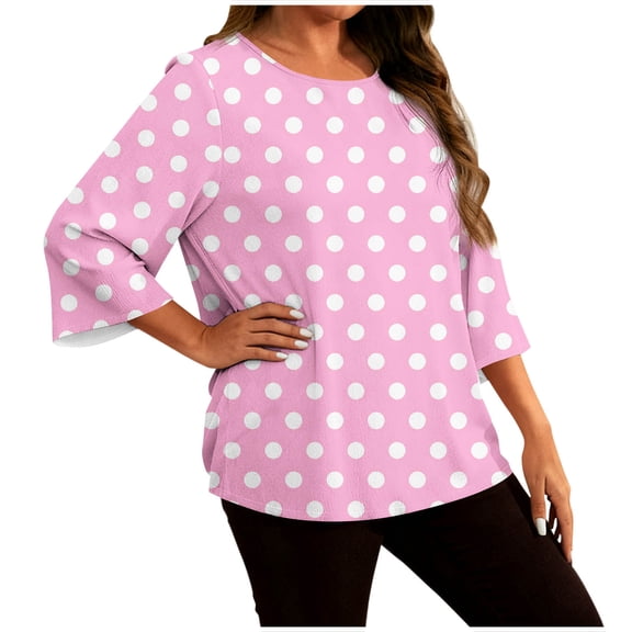 Qgtaibl Women's 3/4 Sleeve Polka Dot Blouse Plus Size Loose Fit Round Neck Shirts Summer Fall Casual Tunic Tops Hot Pink XXXXXL