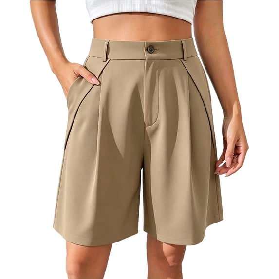 Qgtaibl Women's Bermuda Dress Shorts High Waisted Pleated Wide Leg Shorts with Pockets Summer Loose Fit Solid Color Fomal Work Shorts Khaki S