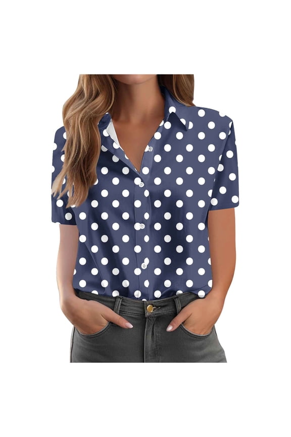 Women's Button Down Shirt Polka Dots Short Sleeve Blouses Dressy Business Work Tee Summer Tops Navy XL