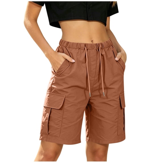 Qgtaibl Women's Cargo Shorts Elastic Waist Drawstring Casual Shorts with Multi Pockets Summer Loose Fit Breathable Bermuda Shorts Brown L