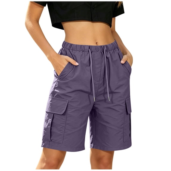 Qgtaibl Women's Cargo Shorts Elastic Waist Drawstring Casual Shorts with Multi Pockets Summer Loose Fit Breathable Bermuda Shorts Purple XXL