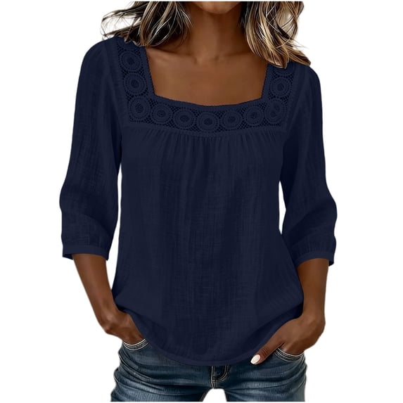 Qgtaibl Women's Casual Square Neck Shirts Fashion Crochet Lace Neckline 3/4 Sleeve Tunics Loose Fit Breathable Pleated Blouses Navy M