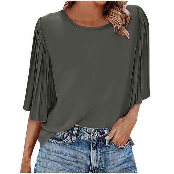 Qgtaibl Women's Chiffon Blouse Elegant Pleated 3/4 Sleeve T Shirt Crew Neck Loose Fit Tunic Tops Summer Flowy Lightweight Shirts Gray M