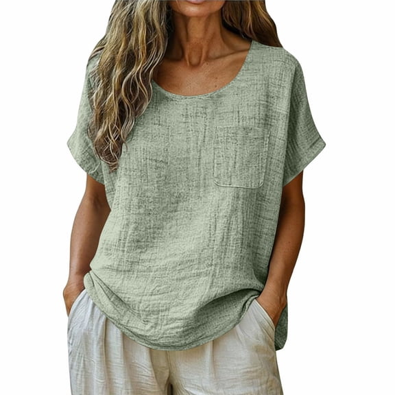 Qgtaibl Women's Cotton Linen Short Sleeve T Shirt Casual Loose Fit Crew Neck Blouse with Pocket Summer Comfy Breathable Tops Green S