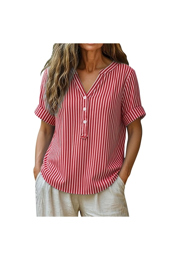 Women's Cotton Striped Short Sleeve Blouse Causal Button Down V Neck Henley Shirts Summer Plus Size Loose Fit Tunic Tops Red XXL