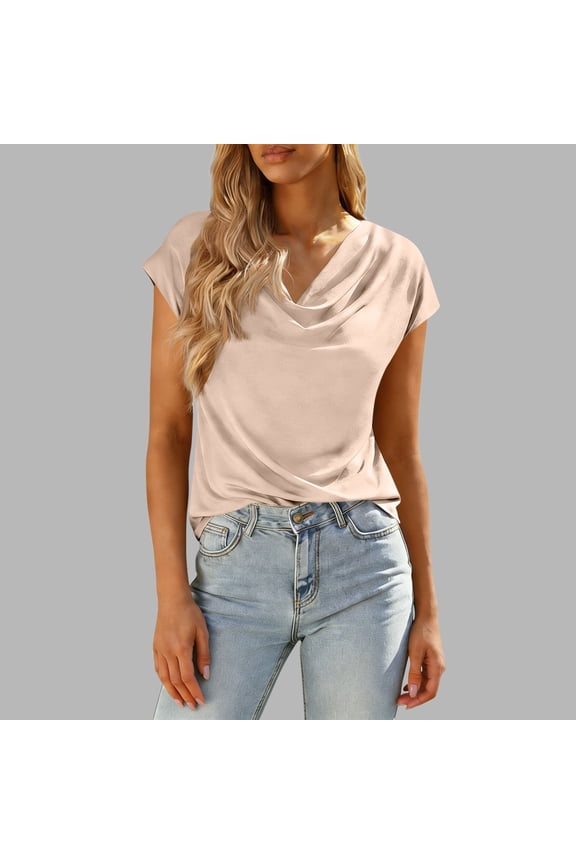 Women's Cowl Neck Blouse Casual Short Sleeve V Neck Solid Color T Shirt Summer Elegant Soft Comfy Work Tops Khaki XL