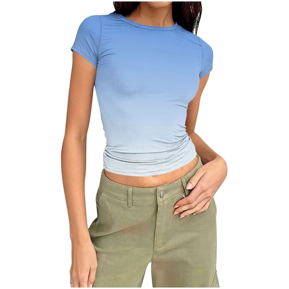 Qgtaibl Women's Crew Neck Short Sleeve Tees Gradient Color Cropped Tops Summer Slim Fit Basic Tshirts Soft Lightweight Breathable Blouse Light Blue M