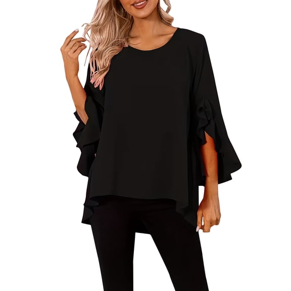 Qgtaibl Women's Crew Neck Tunic Tops Flowy Ruffle Flare 3/4 Sleeve Blouses Casual Loose Fit Lightweight Chiffon Shirts Black XXL