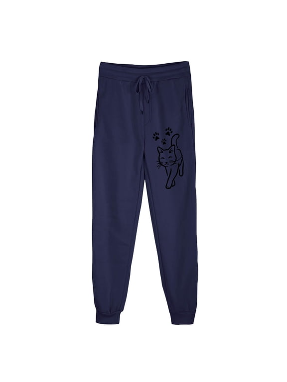 Women's Cute Cat Graphic Sweatpants Baggy Drawstring Waisted Elastic Bottom Joggers with Pocket Casual Daily Workout Pants Navy M