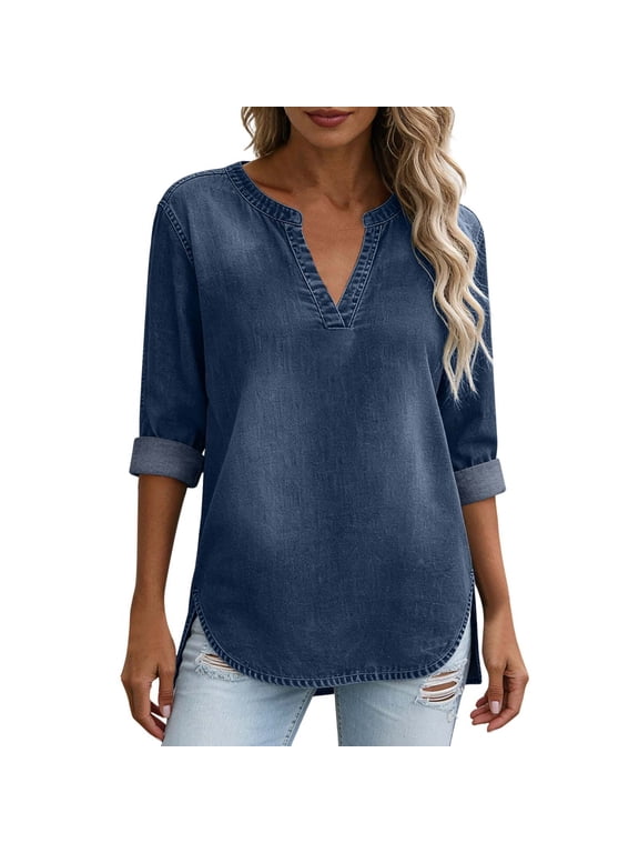 Women's Denim Tunic Tops 3/4 Sleeve Notch V Neck Stretch Jean Shirts Casual Side Split Curved Hem Loose Fit Blouse Sky Blue XL
