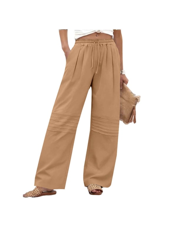Women's Drawstring Elastic High Waist Wide Leg Pants Cotton Linen Loose Fit Ruched Trousers with Pockets Summer Lightweight Flowy Slacks for Daily Wear Yellow XXXL
