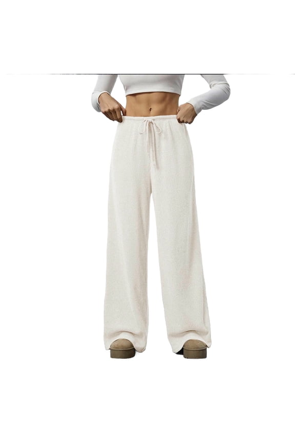 Women's Drawstring Knit Lounge Pants Casual Solid Color Elastic Waist Wide Leg Trousers Summer Loose Fit Soft Breathable Slacks Khaki L
