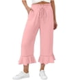 thumbnail image 1 of Qgtaibl Women's Elastic Waist Cotton Capri Pants Fashion Drawstring Ruffle Hem Lounge Cropped Pants Summer Loose Fit Flowy Beach Wide Leg Pants with Pockets Pink S, 1 of 7