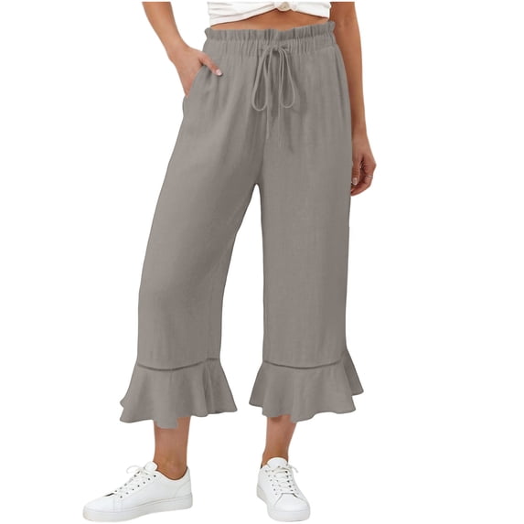 Qgtaibl Women's Elastic Waist Cotton Capri Pants Fashion Drawstring Ruffle Hem Lounge Cropped Pants Summer Loose Fit Flowy Beach Wide Leg Pants with Pockets Gray S