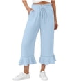 thumbnail image 1 of Qgtaibl Women's Elastic Waist Cotton Capri Pants Fashion Drawstring Ruffle Hem Lounge Cropped Pants Summer Loose Fit Flowy Beach Wide Leg Pants with Pockets Light Blue M, 1 of 7
