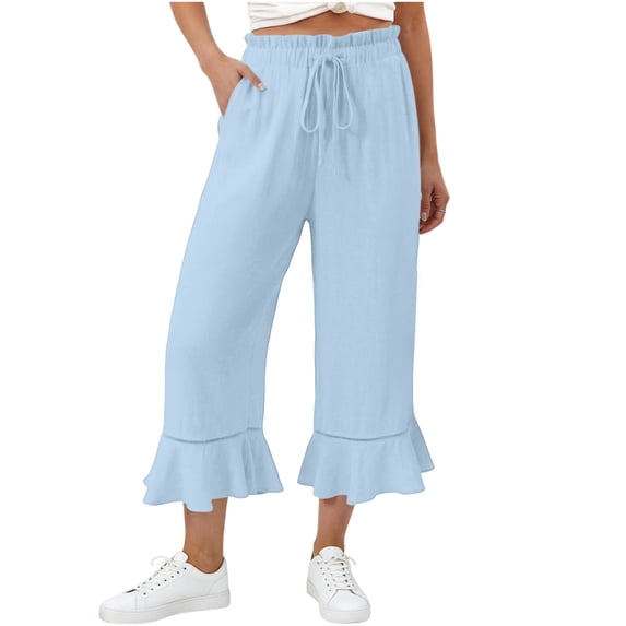 Qgtaibl Women's Elastic Waist Cotton Capri Pants Fashion Drawstring Ruffle Hem Lounge Cropped Pants Summer Loose Fit Flowy Beach Wide Leg Pants with Pockets Light Blue M