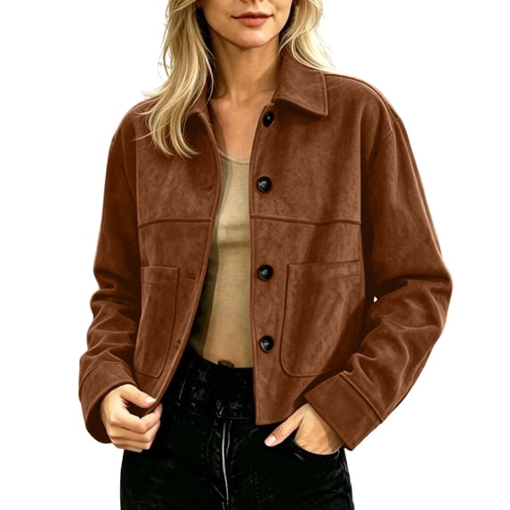 Qgtaibl Women's Faux Suede Cropped Jacket Lapel Button Down Casual Shacket Long Sleeve Drop Shoulder Loose Fit Outerwear Coffee M