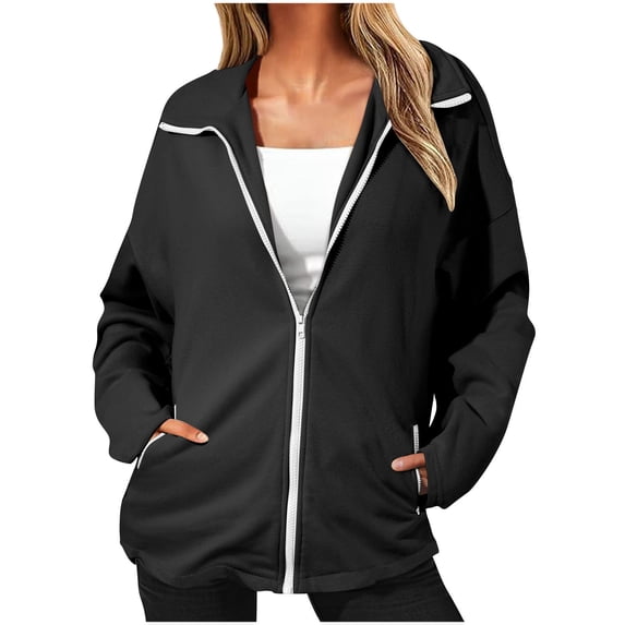 Qgtaibl Women's Fleece Zip Up Jacket Solid Color Lapel Long Sleeve Outerwear Coat Fall Loose Fit Daily Warm Tops with Pockets Black S