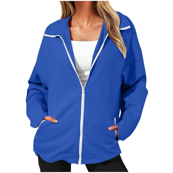 Qgtaibl Women's Fleece Zip Up Jacket Solid Color Lapel Long Sleeve Outerwear Coat Fall Loose Fit Daily Warm Tops with Pockets Blue S
