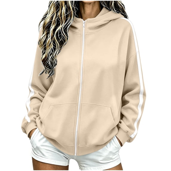 Qgtaibl Women's Full Zip Hooded Sweatshirt Side White Stripe Design Long Sleeve Jacket Thin Fleece Fall Athletic Hoodie Coat for Running Hiking Gym Khaki M