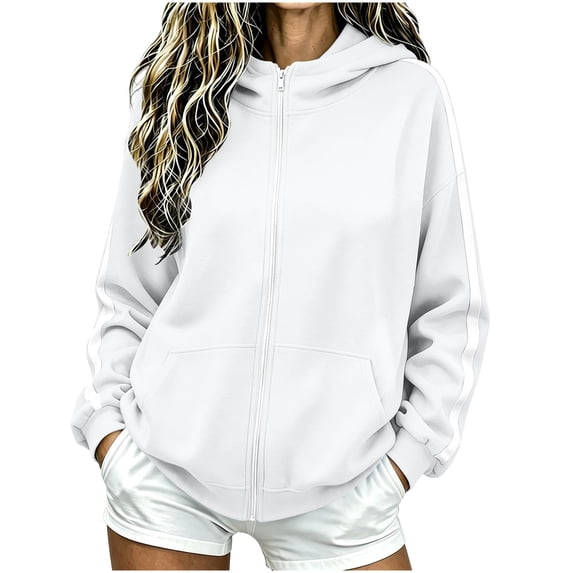 Qgtaibl Women's Full Zip Hooded Sweatshirt Side White Stripe Design Long Sleeve Jacket Thin Fleece Fall Athletic Hoodie Coat for Running Hiking Gym White XL