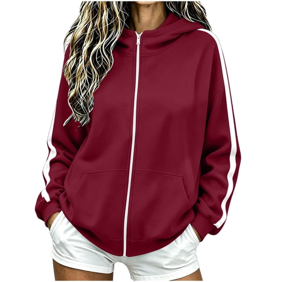 Qgtaibl Women's Full Zip Hooded Sweatshirt Side White Stripe Design Long Sleeve Jacket Thin Fleece Fall Athletic Hoodie Coat for Running Hiking Gym Wine S
