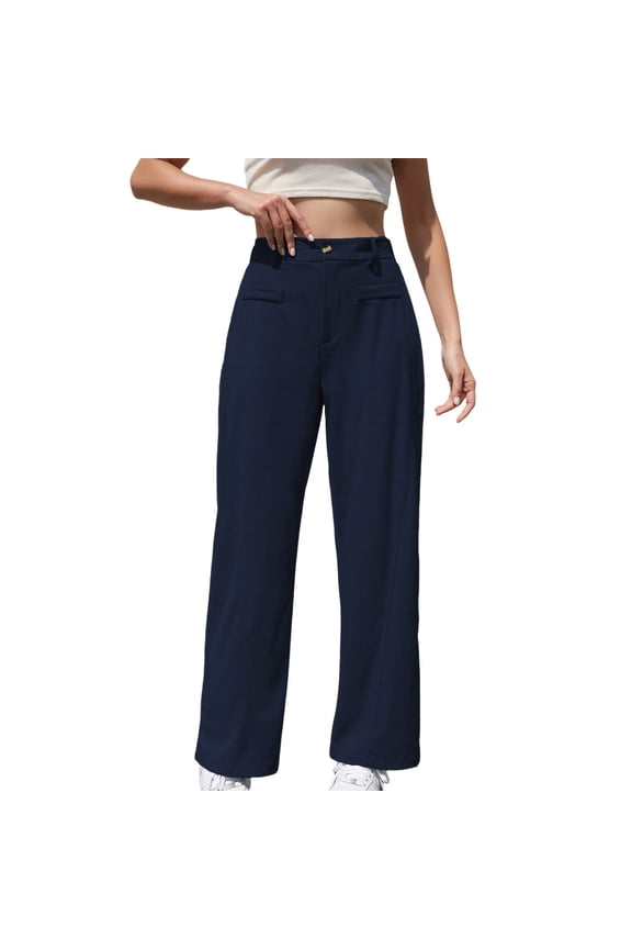 Women's High Waist Wide Leg Work Pants Corduroy Button Down Summer Straight Leg Trousers Casual Solid Color Loose Fit Business Slacks Navy S